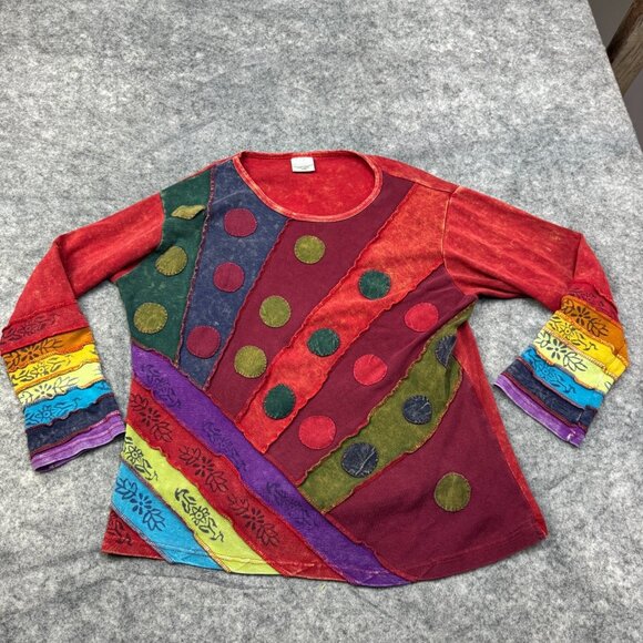 Greater Good Network Top Womens XXL Rainbow Striped Dots Patchwork Artsy Boho - Picture 1 of 11